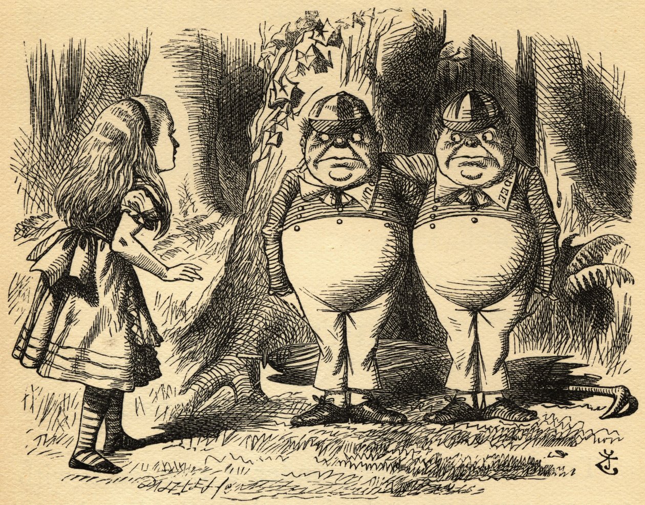 Alice med Tweedledum och Tweedledee. Illustration av Sir John Tenniel av John Tenniel