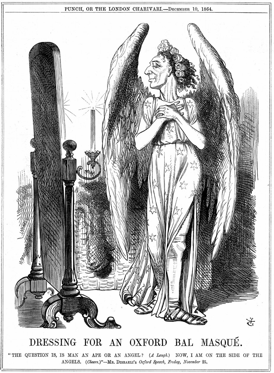 Benjamin Disraeli (1804-81) brittisk konservativ statsman. "Nu är jag på änglarnas sida". John Tenniel tecknad film från Punch, London av John Tenniel