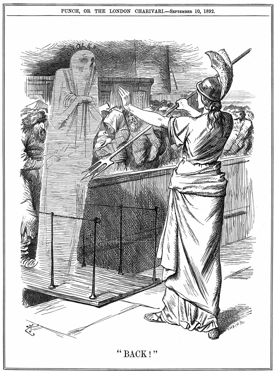 Britannia håller tillbaka kolera i brittiska hamnar. Vid utbrottet 1892 dog omkring 260 000 i Ryssland och 7 600 i Hamburg. Epidemin förhindrades i Storbritannien. Tecknad John Tenniel från Punch London 10 september 1892. av John Tenniel