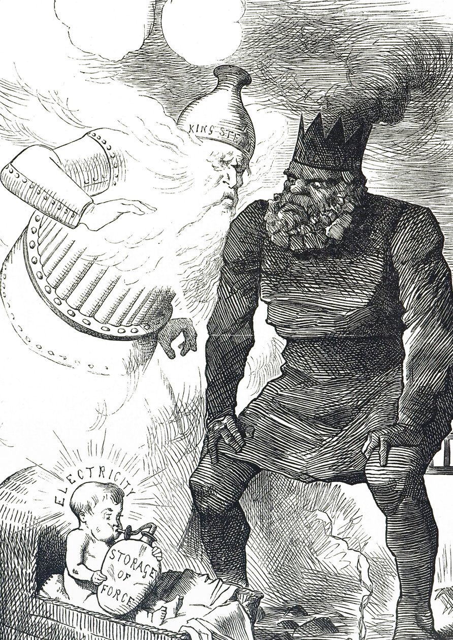 Tecknad film kommenterar elektricitetens barndom av John Tenniel