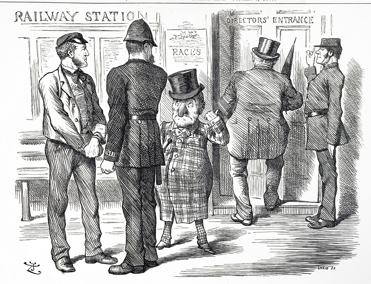 Tecknad serie som kommenterar vädjanden om att en blocksystemsignal ska göras obligatorisk på British Railways av John Tenniel