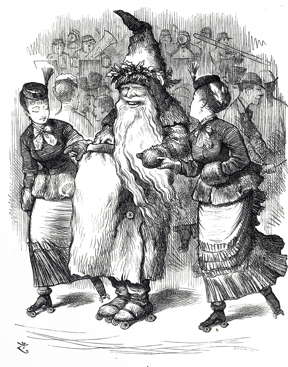 Tecknad film föreställande jultomtens rullskridskoåkning av John Tenniel