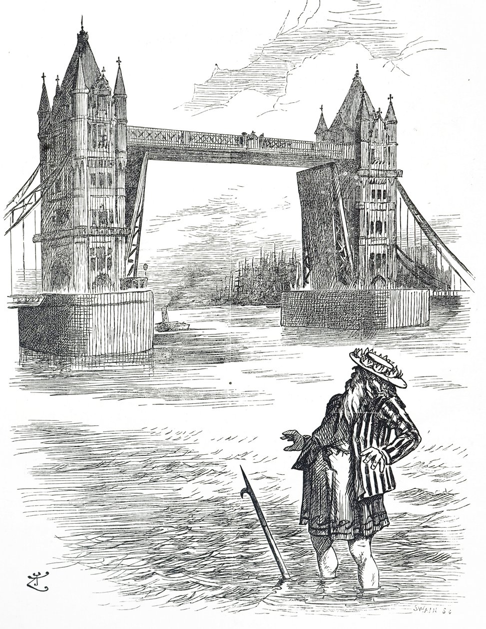 Tecknad film föreställande Fader Thames som beundrar Tower Bridge, London av John Tenniel