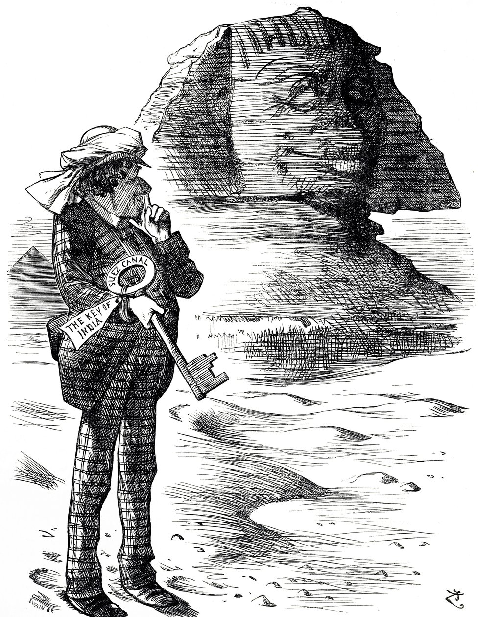 Tecknad serie som visar premiärminister Benjamin Disraeli som håller Suezkanalen som nyckeln till britternas besittning och inflytande i Indien av John Tenniel