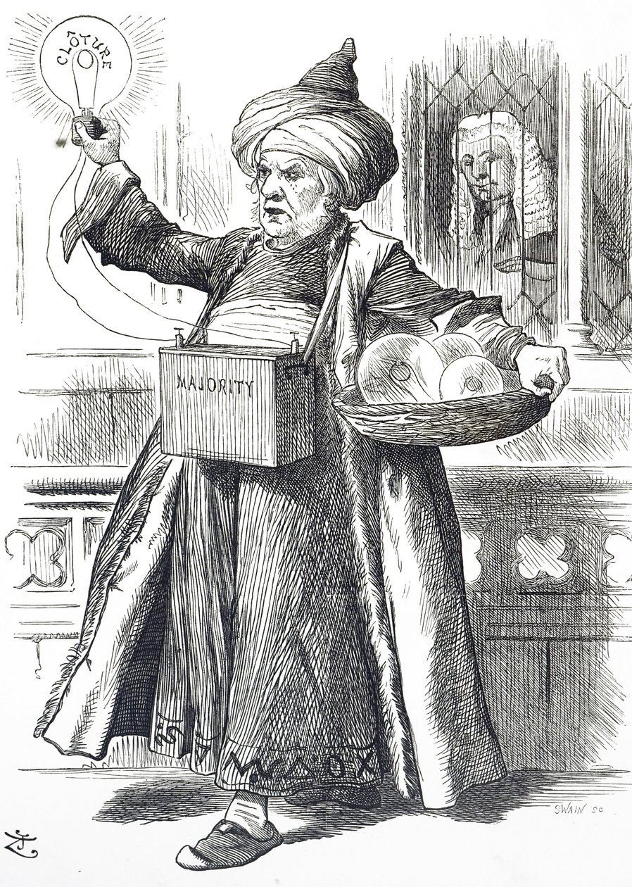 Tecknad film föreställande William Ewart Gladstone som Aladdin av John Tenniel