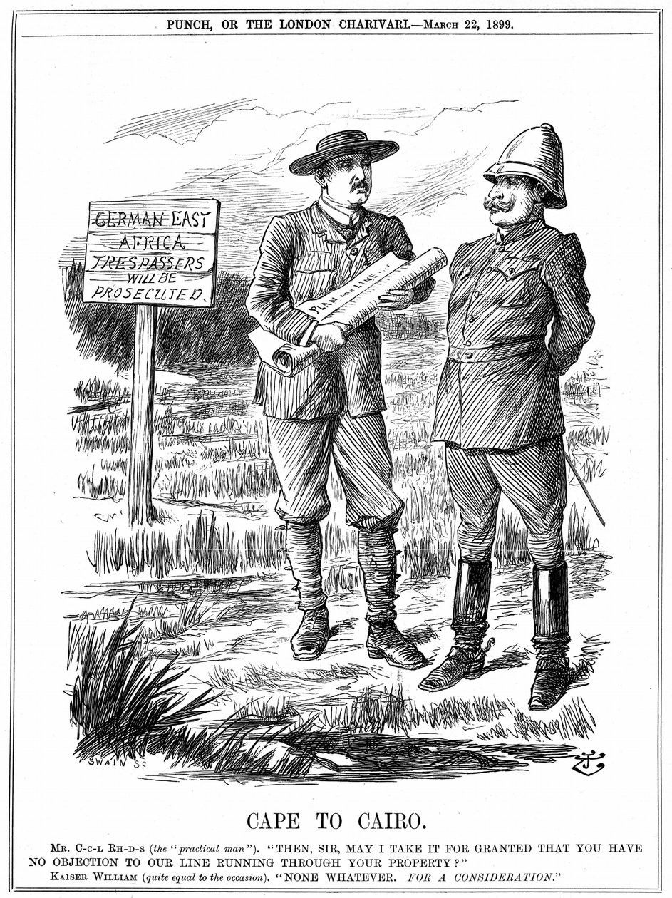 Cecil John Rhodes (1852-1902) engelskfödd sydafrikansk statsman som ber den tyska kejsaren om tillåtelse att köra en telegraflinje genom tyska Östafrika. Cape To Cairo, tecknad av John Tenniel från 