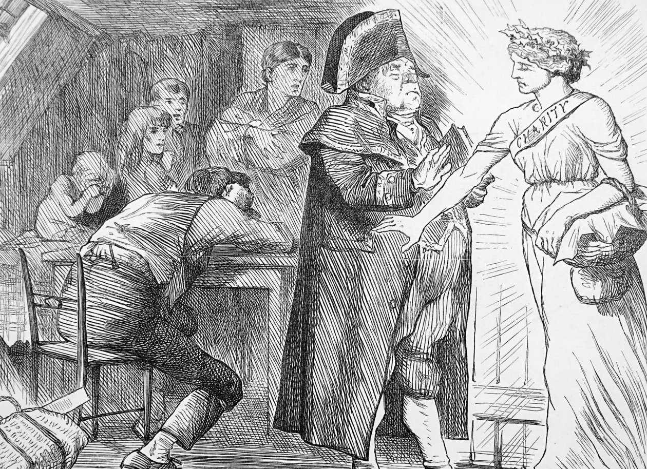 Välgörenhet som sopar undan Brumbles protester i hennes beslutsamhet att hjälpa fattiga familjer i nöd av John Tenniel