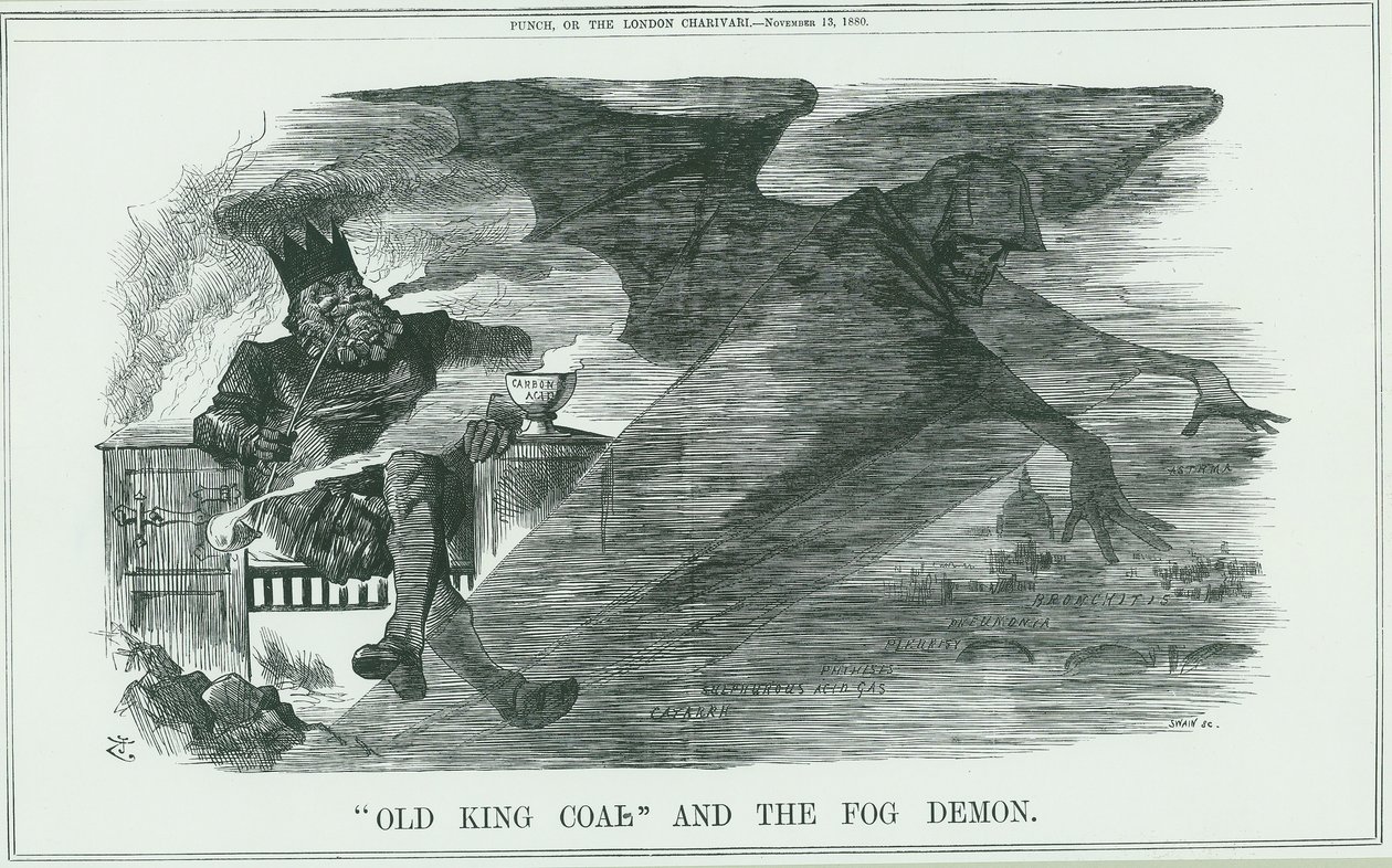 Effekter av att bränna Old King Coal på London. Dimman orsakade astma, bronkit, lunginflammation, lunginflammation, etc. John Tenniel tecknad film från Punch, London av John Tenniel
