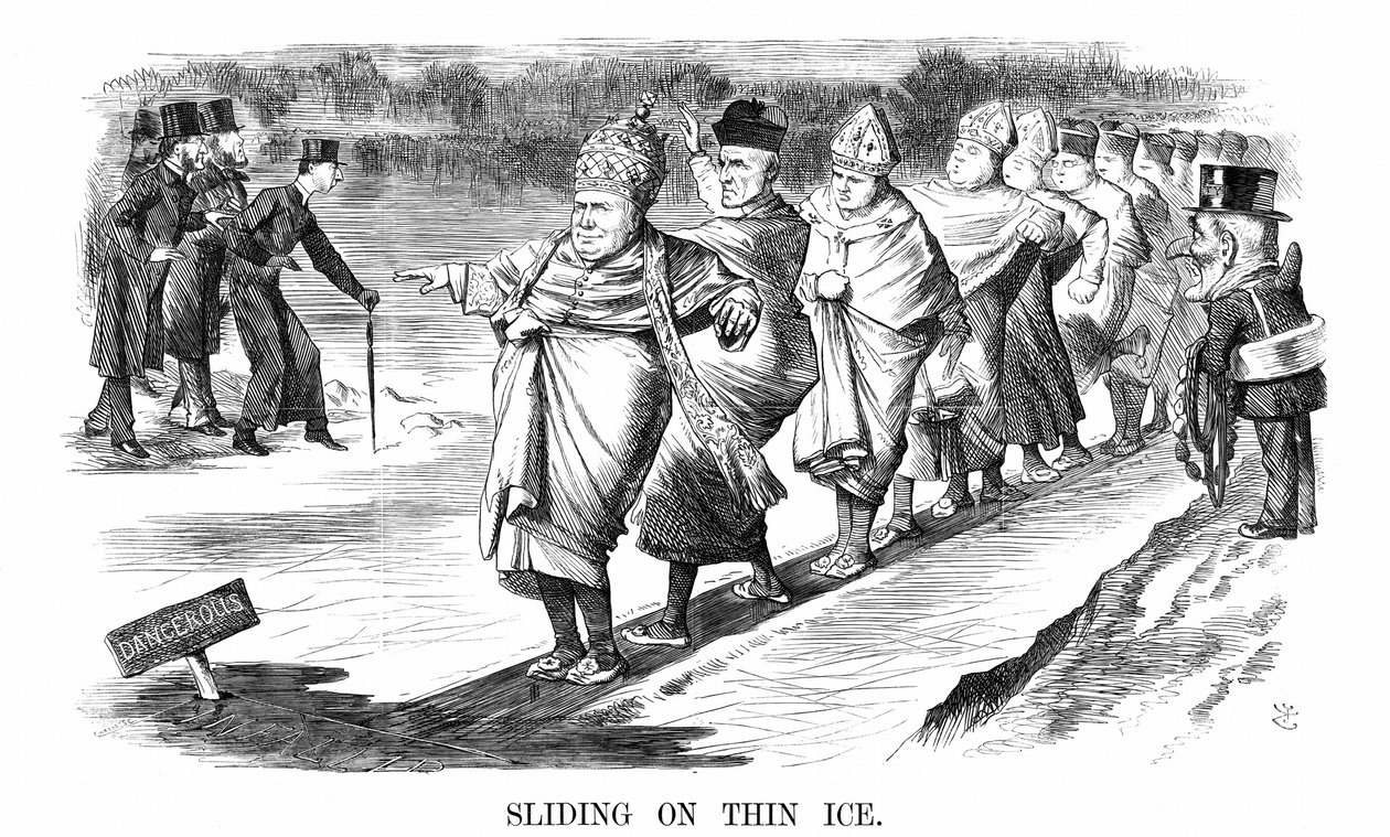 Engelska konverterar till Rom, inklusive Newman, och åker skridskor på tunn is medan Pusey och hans anglo-katolska "ritualistiska" vänner till vänster testar isen innan de förpliktar sig. Tecknad John Tenniel från Punch London 1869. av John Tenniel