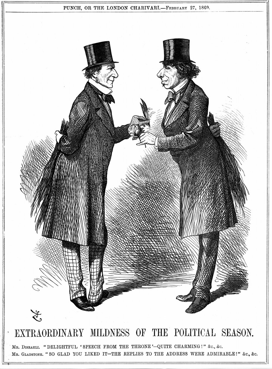 "Extraordinär mildhet av den politiska säsongen": Disraeli gratulerar Gladstone till Sovereigns tal vid parlamentets öppnande. Båda har en björk bakom sig för att börja slå den andra så fort sessionen börjar. John Tenniel tecknad från Pun av John Tenniel