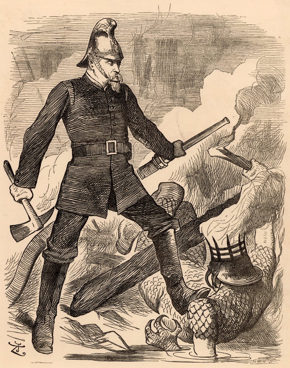 Eyre Massey Shaw bekämpar eld, från "Punch" London, 20 augusti 1887 (gravyr) av John Tenniel
