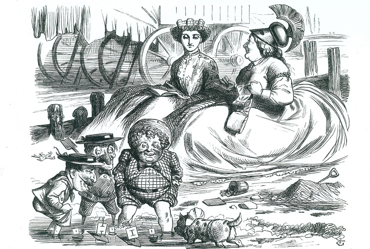 Frankrike och Storbritannien tittar på barnen (John Bull, Mr Punch och Napoleon III). Detta år markerade 50 år av fred mellan Frankrike och Storbritannien och början på Entente Cordiale. John Tenniel tecknad från 