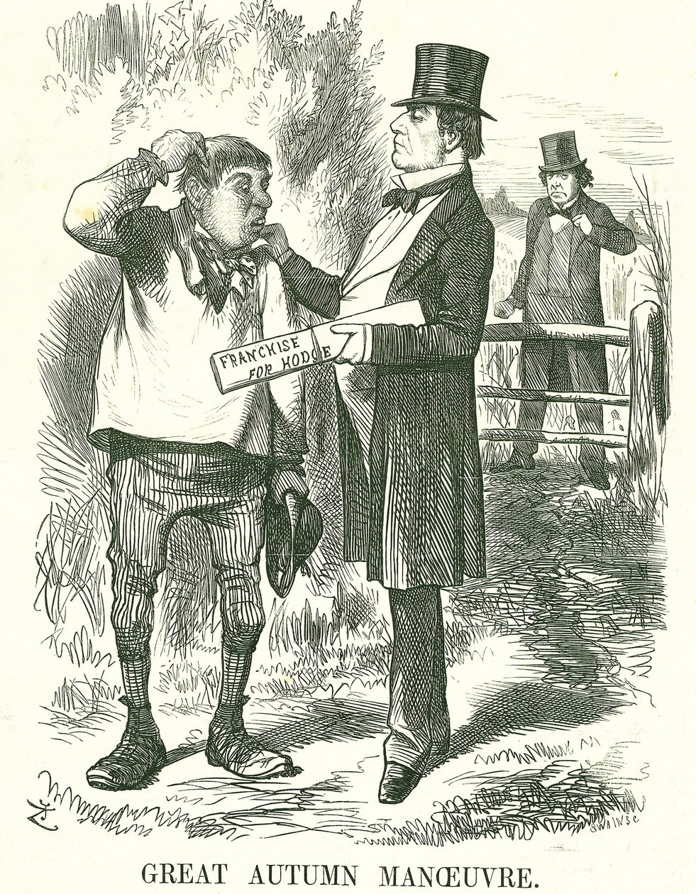 Stor höstmanöver: Gladstone trodde att rösten så småningom måste ges till jordbruksarbetare (Hodge). Vid den här tiden var hans premiärskap skakig och Disraeli väntar på att ta hans plats. John Tenniel tecknad från Punch, London, 9 augusti 1873. av John Tenniel