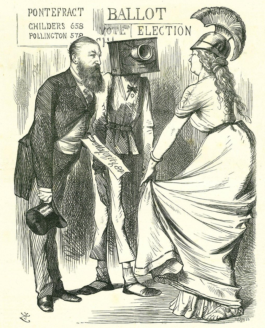 Hugh Childers (1827-1896) brittisk parlamentariker som berättar för Britannia om framgången med den nya valurnan. John Tenniel tecknad från 