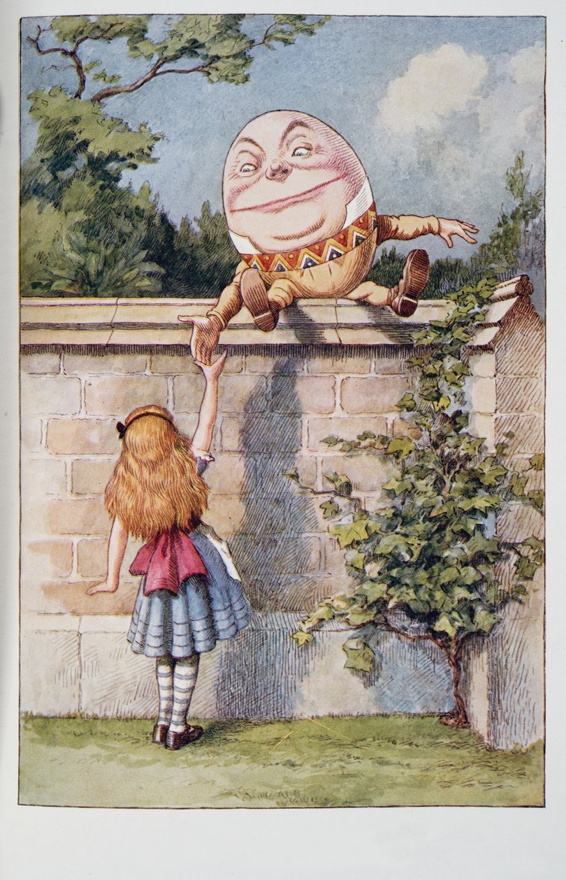 Humpty Dumpty, från Alices Adventures In Wonderland And Through The Looking-Glass And What Alice Found There, av Lewis Carroll (1832 - 98), publicerad 1911 (färgad litografi) av John Tenniel