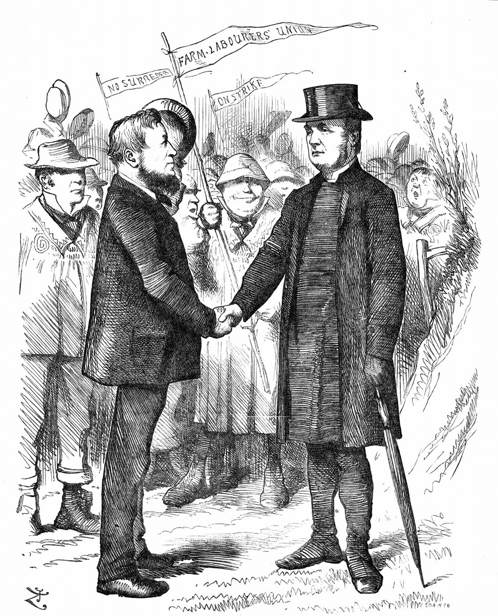 Joseph Arch (1826-1919) engelsk fackföreningsman, politiker och jordbruksarbetare. Grundare av National Union of Farm Labourers. Arch hälsar biskopen av Manchester som stödde unionen i ett brev till The Times. Tecknad John Tenniel från Punch London av John Tenniel