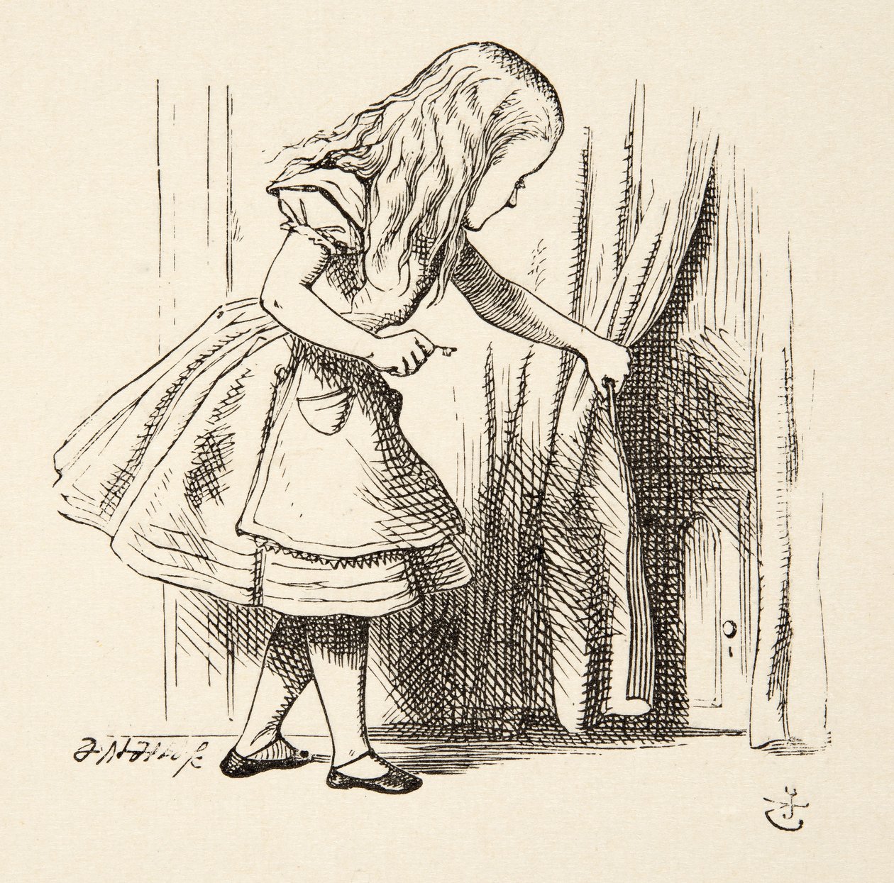 Looking behind the Curtain, from Alices Adventures in Wonderland by Lewis Carroll (1832 - 98), pub. 1891  av John Tenniel