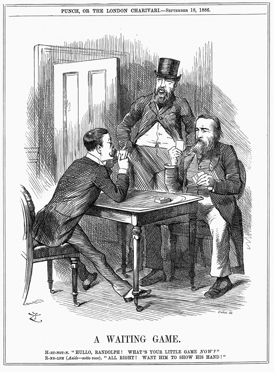 Lord Randolph Churchill (vänster) försöker få Charles Stewart Parnell, irländsk politiker, att visa sin hand och låta Churchill och Hartington veta hur han kommer att använda parnellitröster som han befaller i underhuset. Tecknad John Tenniel från Punch 18 av John Tenniel