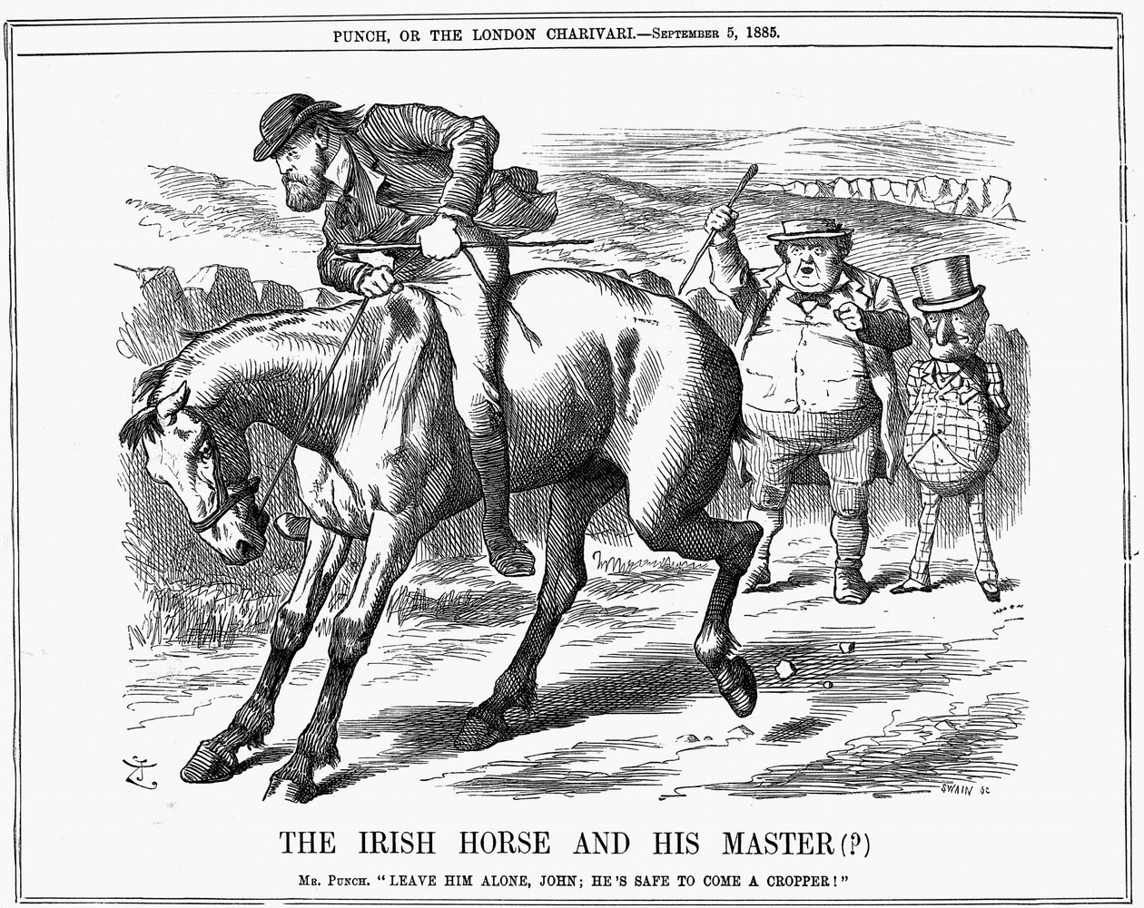 Mr Punch säger åt John Bull att ignorera Charles Stewart Parnell (1846-1891), irländsk politiker, eftersom han säkerligen kommer att komma en cropper ridande på den irländska hästen. John Tenniel tecknad från Punch London 5 september 1885. Gravyr av John Tenniel