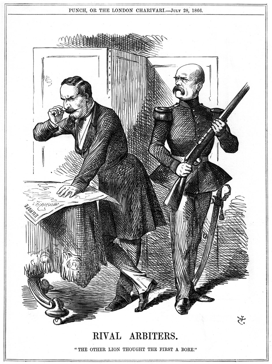 Napoleon III (1808-1873), Frankrikes kejsare 1852-1870, och Otto von Bismarck (1808-1783), Preussens förbundskansler, skar upp Europa. Deras motstridiga ambitioner ledde till det fransk-preussiska kriget 1870-1871. John Tenniel tecknad från Punch, London,  av John Tenniel
