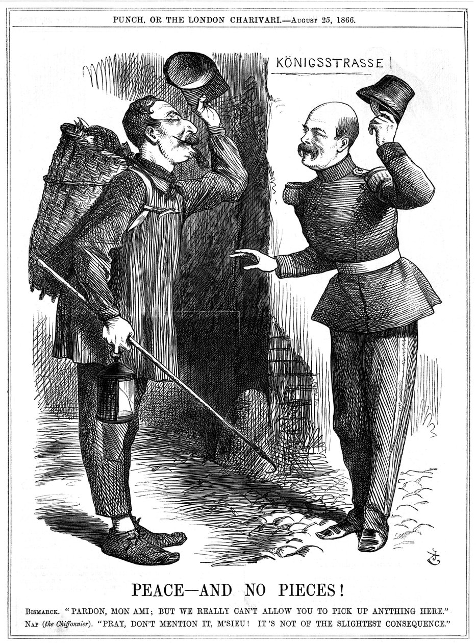 Napoleon III, fransk kejsare 1852-1870, klädd som en lumplockare (Chiffonnier), varnad av den preussiske förbundskanslern Otto von Bismarck. Napoleons territoriella ambitioner ledde till det fransk-preussiska kriget 1870-71. John Tenniel tecknad från Punch av John Tenniel