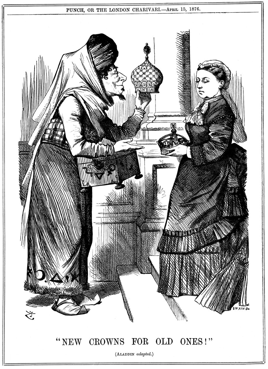Nya kronor för gamla!, Benjamin Disraeli erbjuder Indiens krona till drottning Victoria, 1876 av John Tenniel