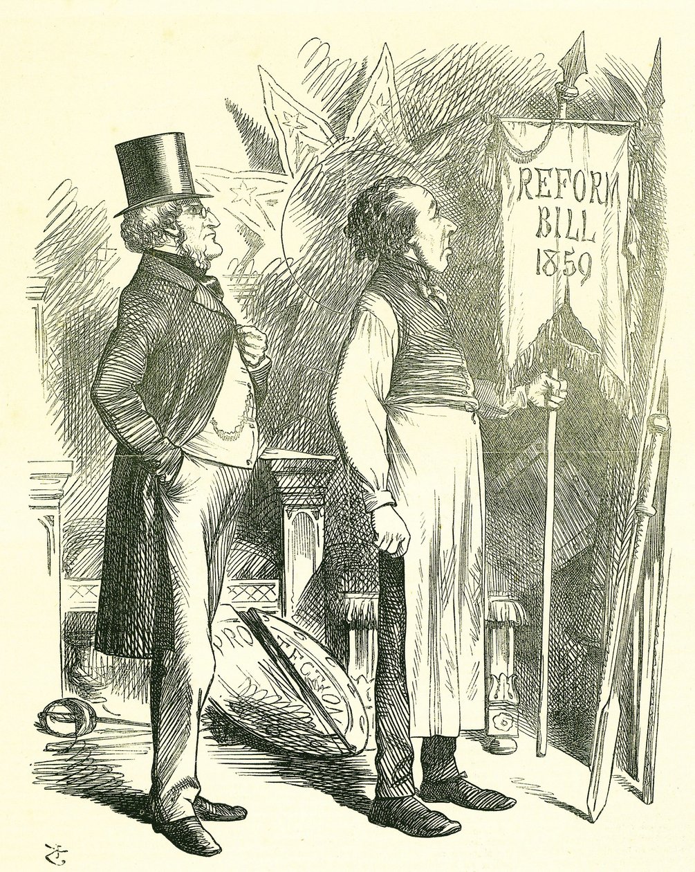 Politisk ekonomi: Reform av parlamentet - förlängning av franchisen. Disraeli (kansler) och Derby (premiärminister) dammar av reformpropositionen. 1867 presenterade Disraeli ett nytt lagförslag. John Tenniel tecknad film från Punch, London av John Tenniel