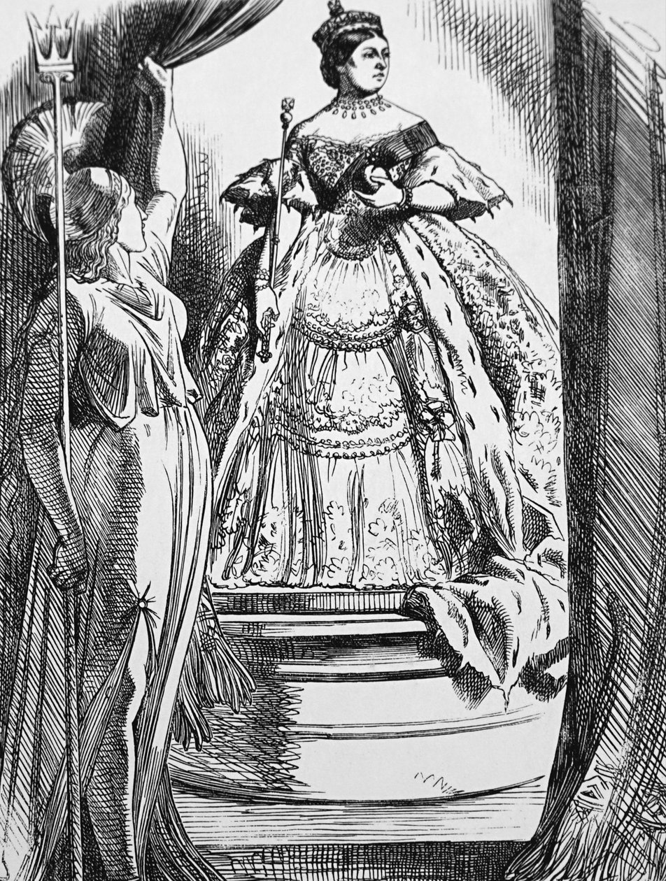 Drottning Victoria uppmanas av Britannia att komma tillbaka till världen efter sin långa sorg av John Tenniel