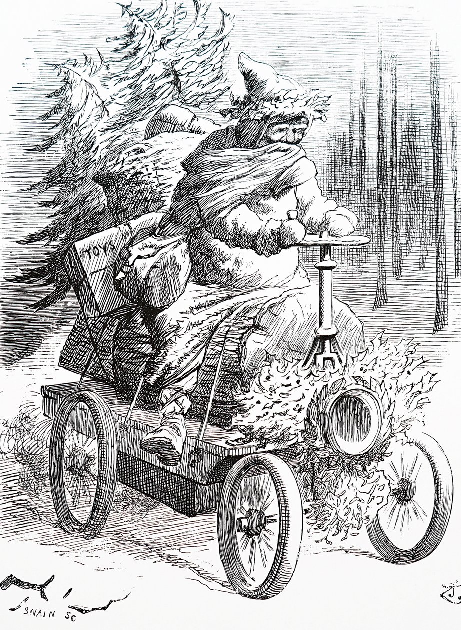 Tomten tävlar genom snön. Av John Tenniel (1820-1914), en engelsk illustratör, grafisk humorist och politisk serietecknare av John Tenniel