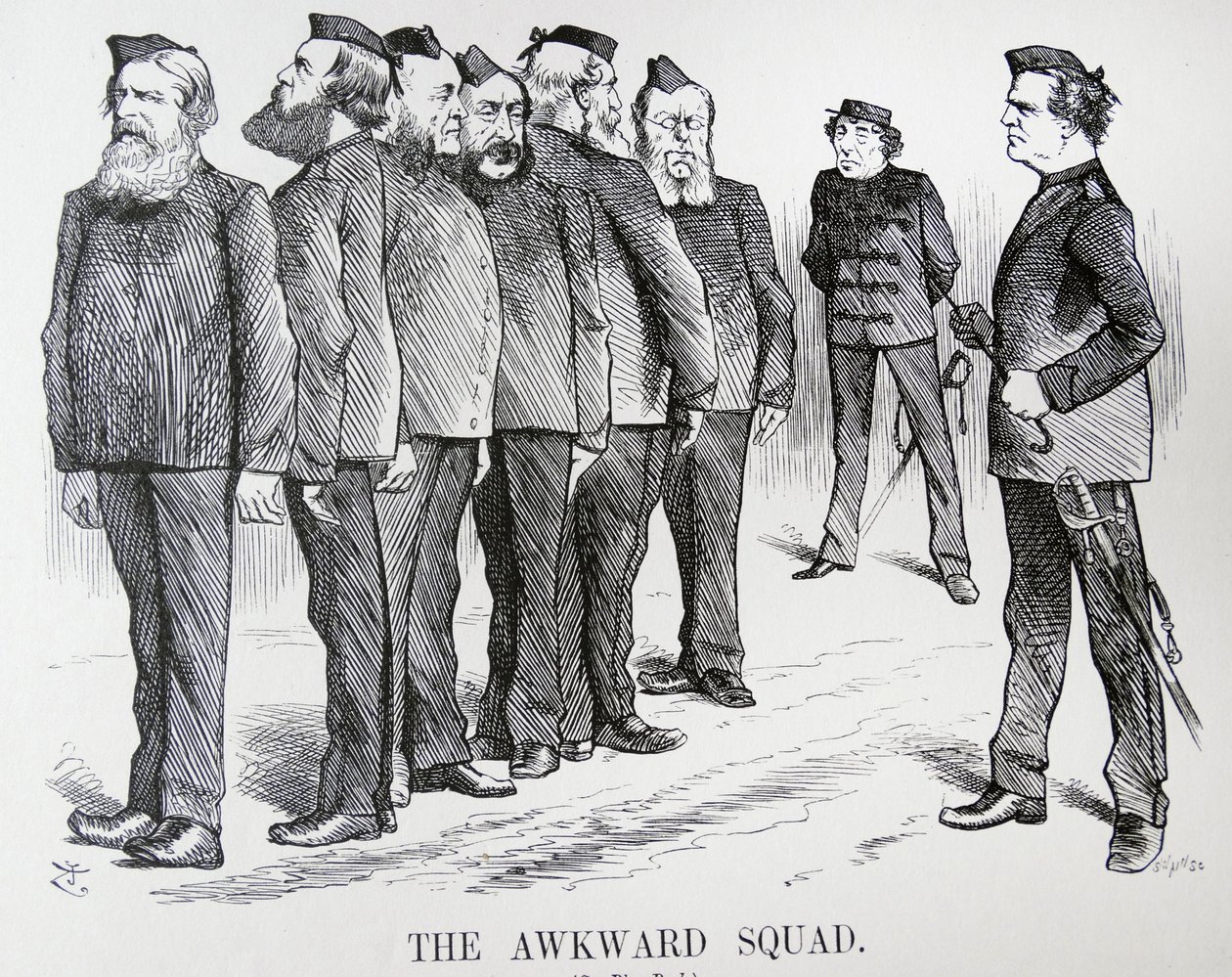 DET TABBLIGA TRUPPET. Tecknad John Tenniel. Svårigheterna som Disraeli hade med olika åsikter i sitt kabinett om politiken för det rysk-turkiska kriget av John Tenniel