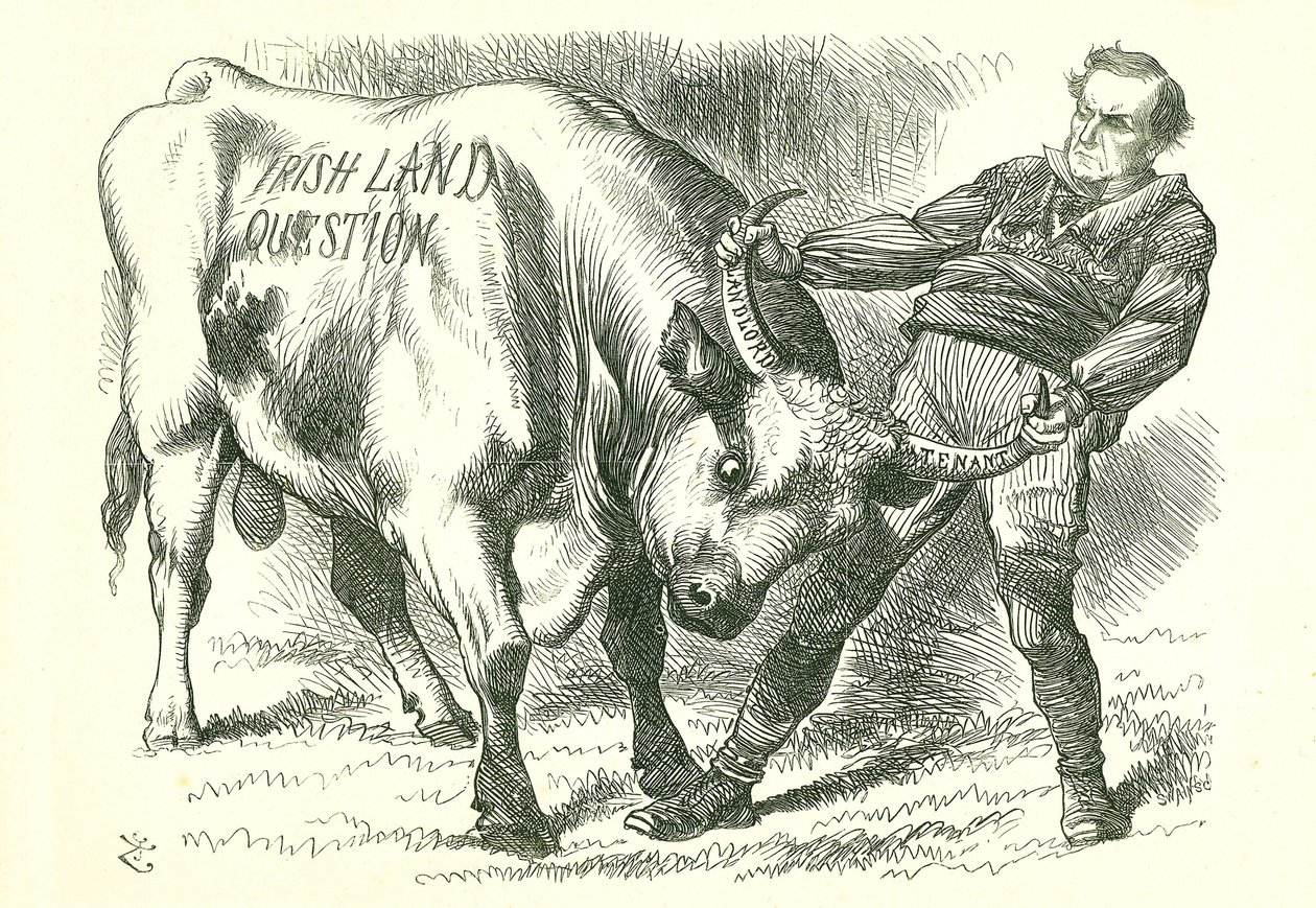 Att ta den (irländska) tjuren vid hornen: Lagförslaget antogs av parlamentet den 15 februari 1870 och fick kungligt samtycke den 8 juli. William Gladstone, premiärminister, som behandlar frågan. John Tenniel tecknad från Punch, London, 26 februari 1870. av John Tenniel