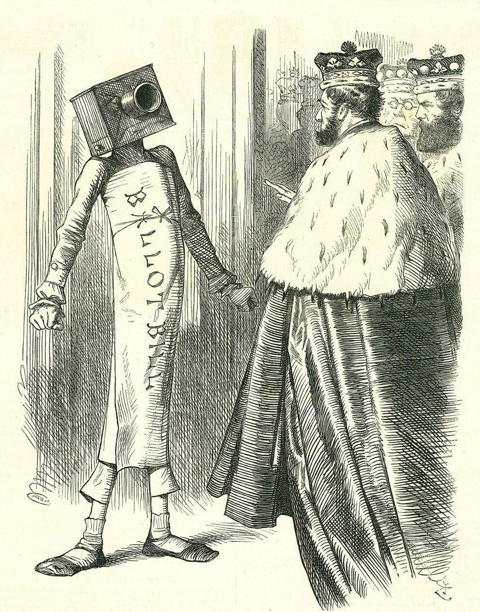 Valsedeln som står upp till House of Lords. John Tenniel tecknad film från 