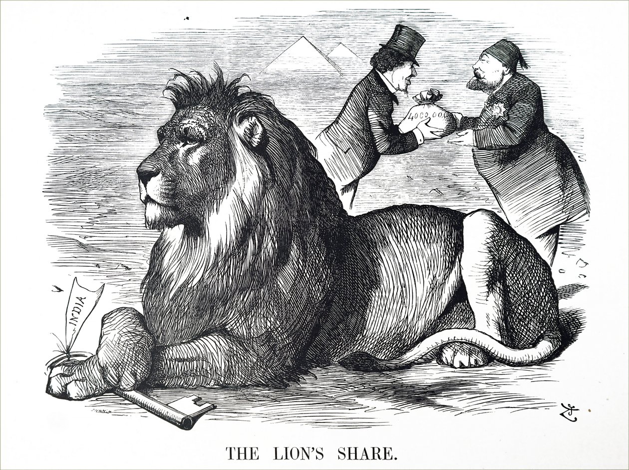 Den brittiska regeringen bemyndigar familjen Rothschild att köpa ut aktier i Suezkanalen. av John Tenniel