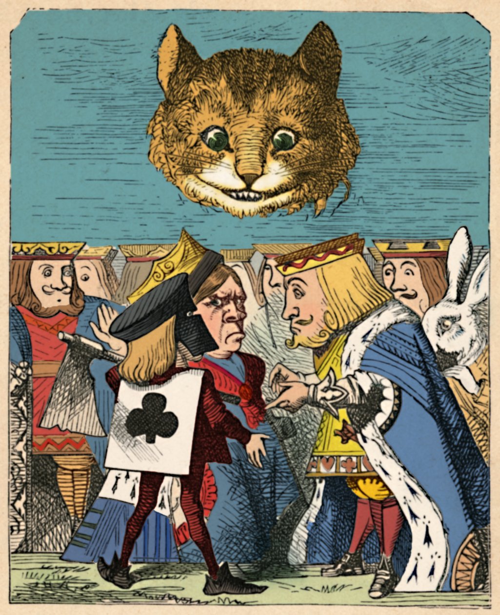 Cheshire Cat tittar ner på de röda kungen och drottningen som bråkar, 1889 av John Tenniel