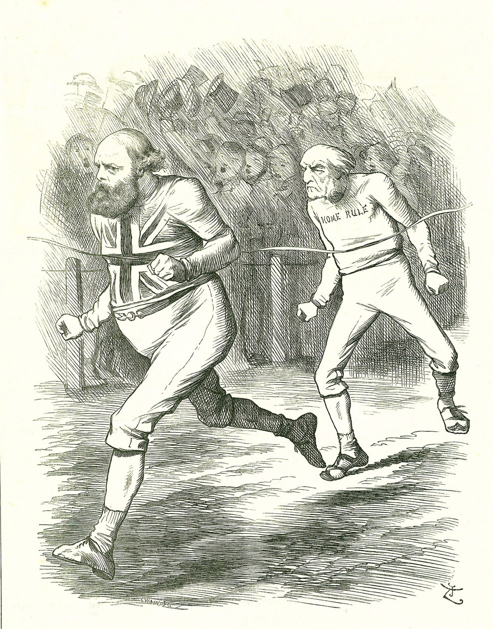 Avslutningen: Allmänna valet 1886. Gladstone (liberal) åkte till landet över sitt lagförslag för hemstyre för Irland. Salisbury (konservativ opposition) slår Gladstone till mållinjen. John Tenniel tecknad film från Punch, London av John Tenniel