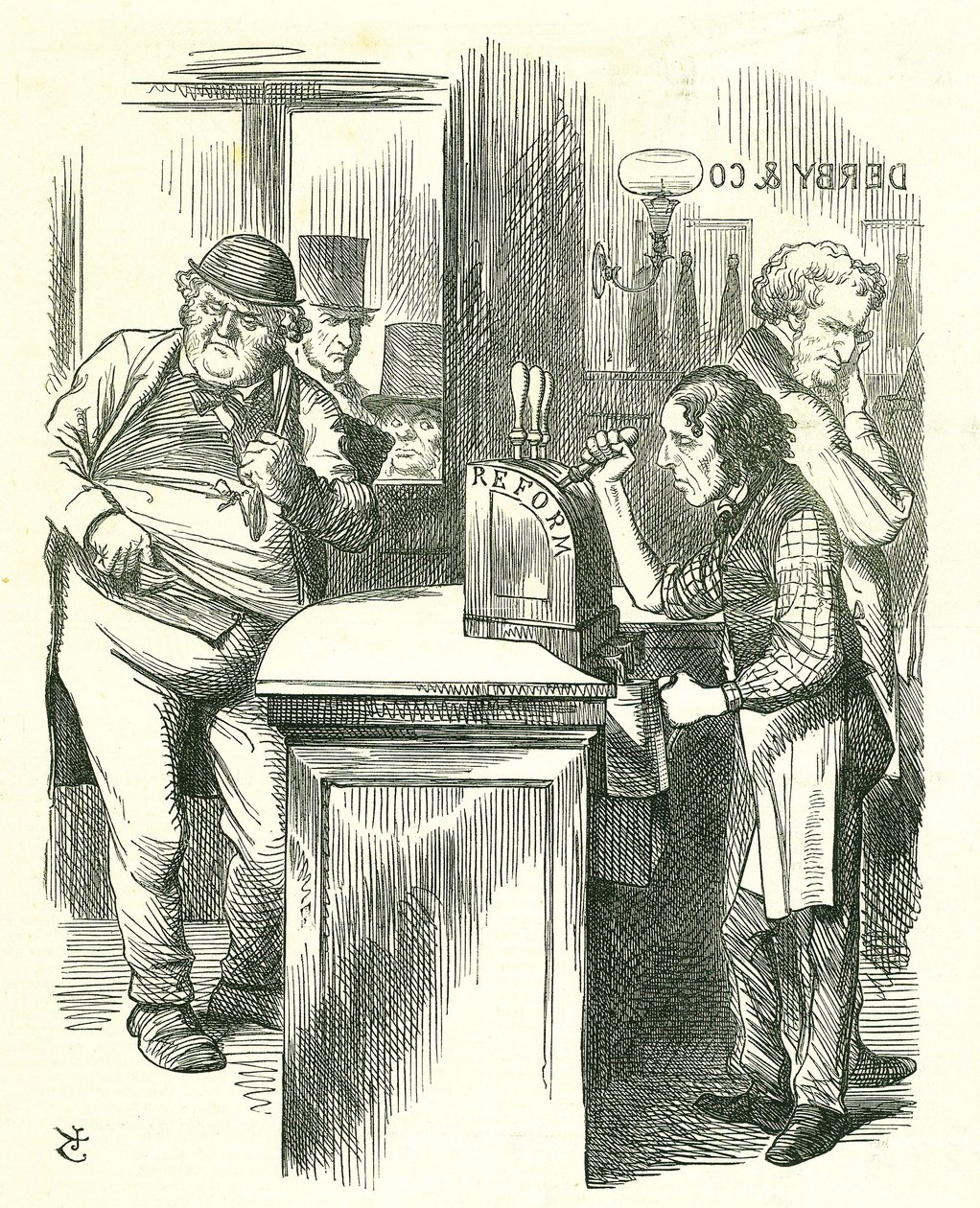 The Honest Pot Boy: Reform of Parliament - förlängning av franchisen. Disraeli tjänar som reform till John Bull bevakad av hans parlamentariska opposition. Han presenterade och genomförde sin reformproposition. Tenniel tecknad från Punch, London av John Tenniel