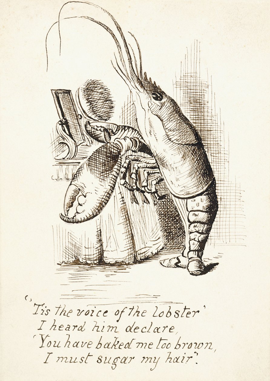 Hummern, med en hårborste i sin klo stående framför ett sminkbord, med 4 versrader, ca 1865 (penna och brunt bläck) av John Tenniel