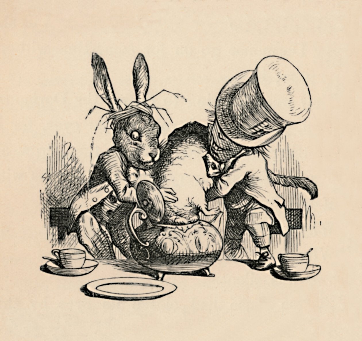 Den galna hattmakaren och marsharen försöker stoppa dormusen i en tekanna, 1889 av John Tenniel