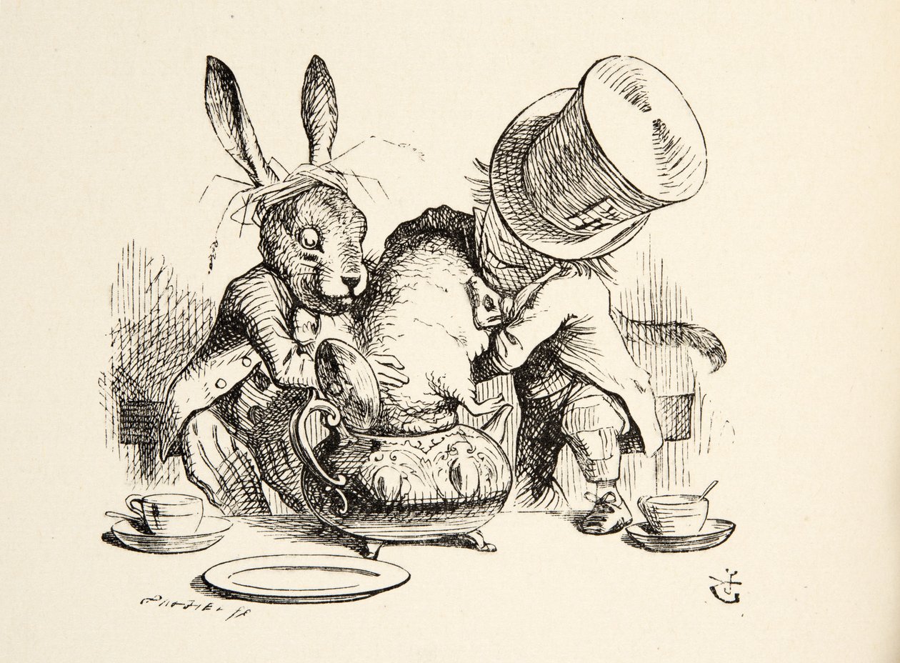 Den galna hattmakaren och marsharen sätter in murmeldjuret i tekannan, från Alices äventyr i underlandet av Lewis Carroll (1832 - 98), pub. 1891 av John Tenniel