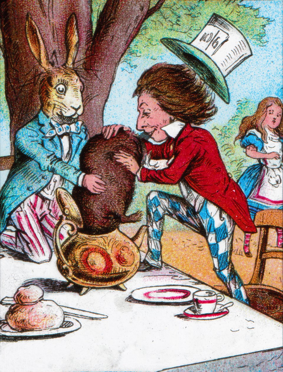 Den galna hattmakaren och marsharen försöker stoppa dormusen i en tekanna, c1910 av John Tenniel