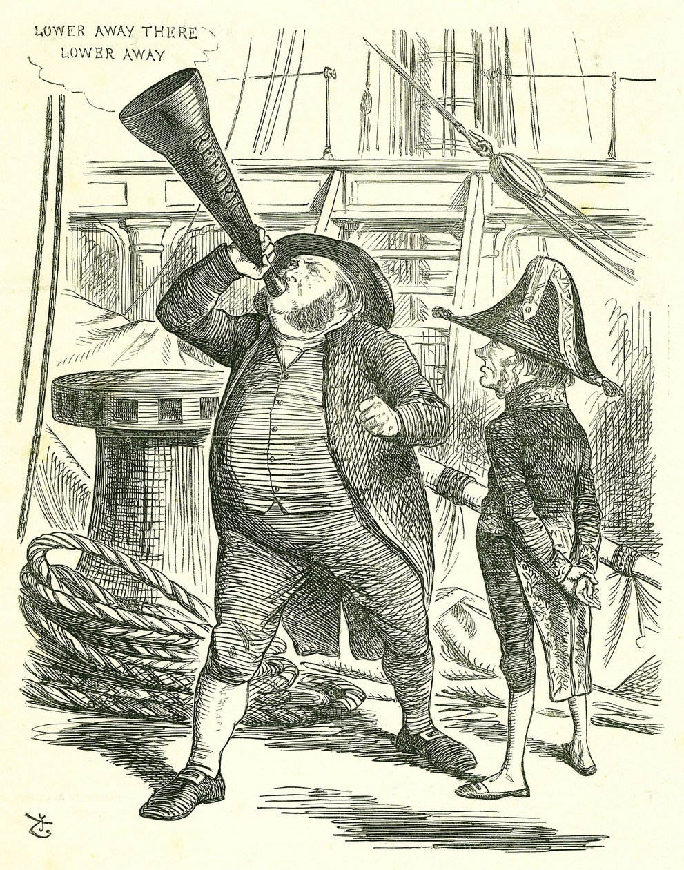 The Officious Passenger: Reform of Parliament - förlängning av franchisen. Premiärministern, Lord John Russell, ber John Bright att sluta basunera ut reformpropositionen. Russell besegrade av parlamentet på reformpropositionen i maj 1866. John Tenniel teck av John Tenniel