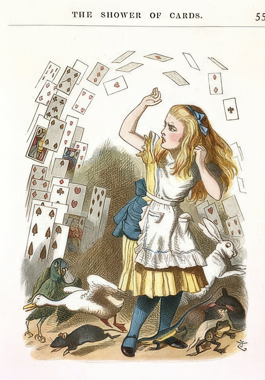 Duschen av kort. Illustration för Alice i Underlandet av Lewis Carroll. 1890 av John Tenniel