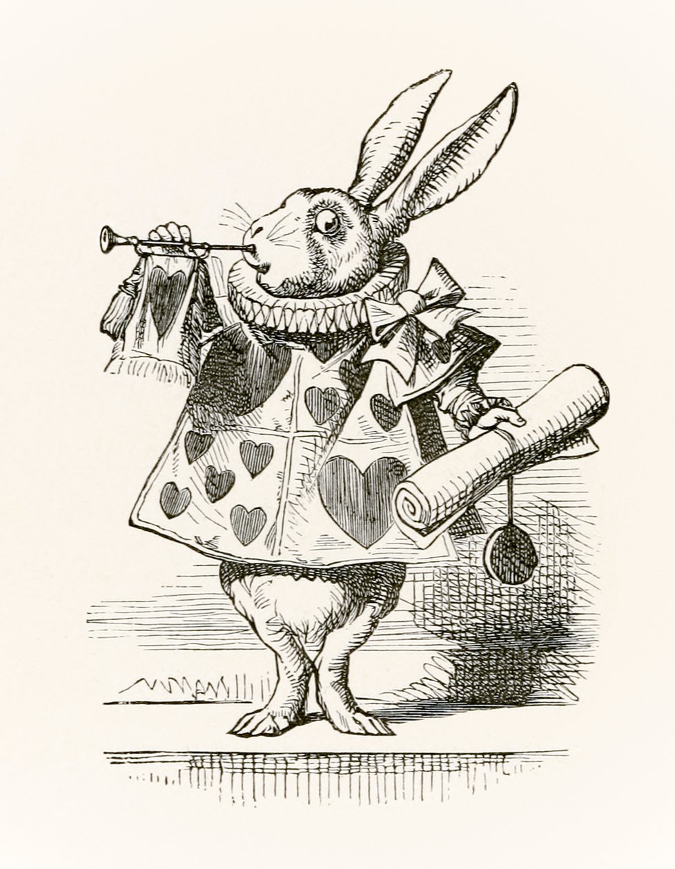 The White Rabbit med trumpet och rulla som förebådar anklagelsen, från "Alice i Underlandet" av Lewis Carroll publicerad första gången 1865 av John Tenniel
