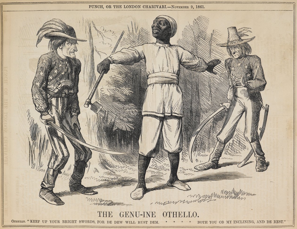 "Den genuina Othello". En svart fälthand kommer mellan presidenterna Lincoln och Davis och antar karaktären av Othello. Han vädjar till de två stridande styrkorna att omsluta sina vapen, talar linjer dragna från två separata passager i akt I, scen 2 [l av John Tenniel