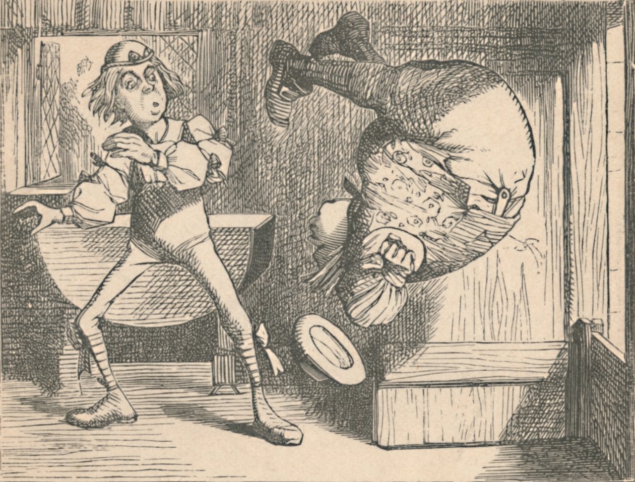 Ynglingen och vismannen. Vismannen gör en kullerbytta, 1889 av John Tenniel