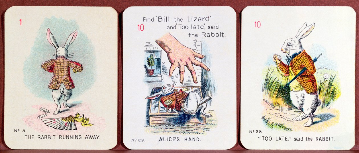 Tre Happy Family-kort som föreställer karaktärer från Alice i Underlandet av Lewis Carroll av John Tenniel