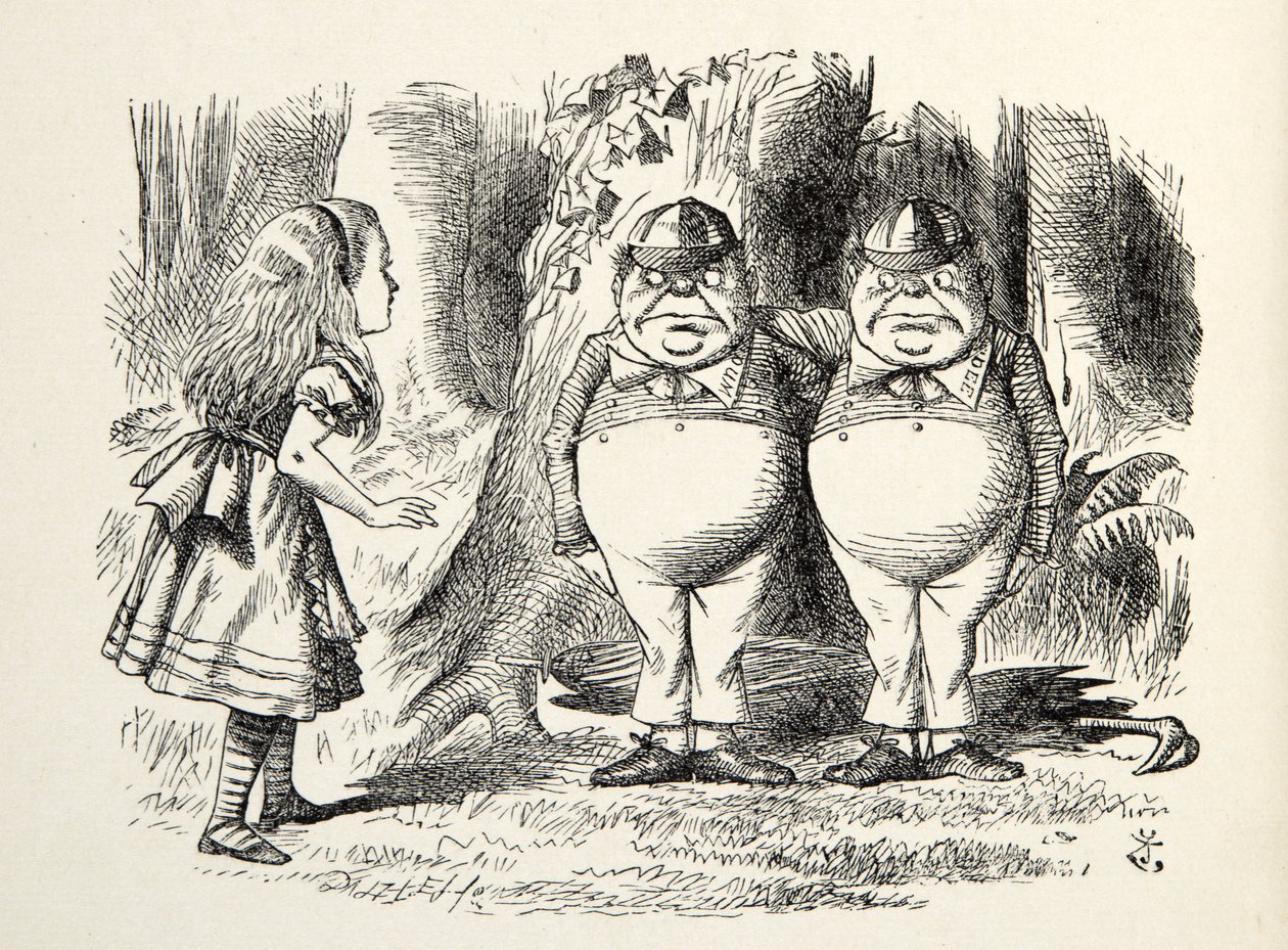 Tweedledum and Tweedledee, illustration from Through the Looking Glass, by Lewis Carroll (1832 - 98), 1872  av John Tenniel