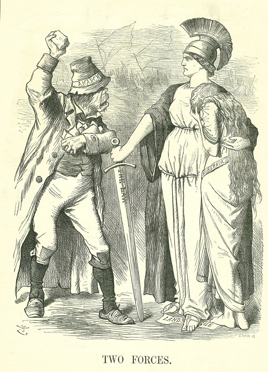 Två styrkor: Irish Land League förbjuden. Britannia skyddar Hibernia (Irland) med lagens kraft mot anarkins kraft. John Tenniel tecknad från Punch, London, 29 oktober 1881. av John Tenniel