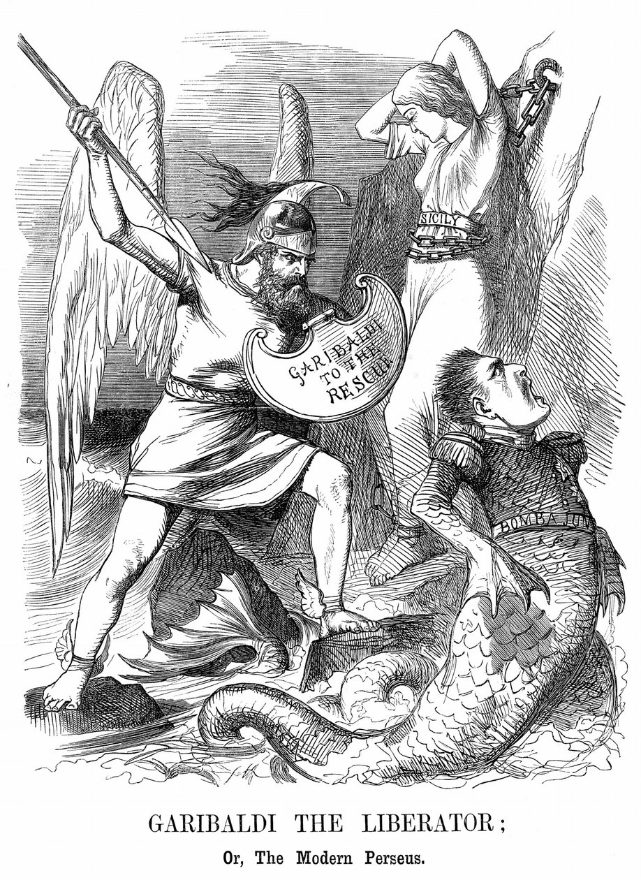 Enande av Italien: Giuseppe Garibaldi (1807-1882), italiensk patriot, erövrar Sicilien och Neapel på uppdrag av det nya kungadömet Italien. John Tenniel tecknad film från Punch, London av John Tenniel