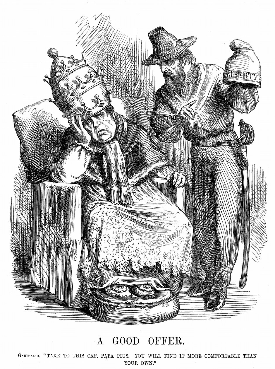 Enande av Italien: Giuseppe Garibaldi (180718-82) försöker övertyga påven Pius IX om att Frihetsmössan skulle vara mycket bekvämare än den påvliga kronan. John Tenniel tecknad från Punch, London, 29 september 1860. Trästick. av John Tenniel